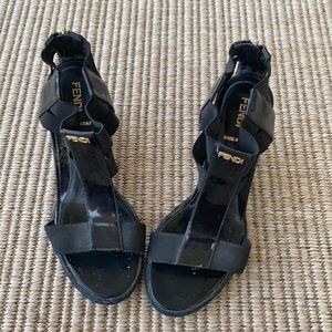 FENDI Wedged Elastic T-Strap Sandals Woman’s Heels Black Size 35 runs big